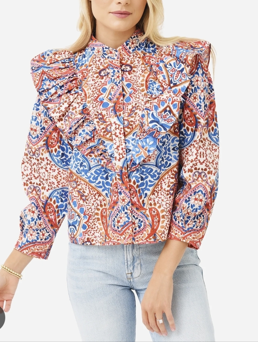 Xirena Ruffle 3/4 Sleeve Top Blouse Cotton Bohemian Style Multi Colored Sz Med